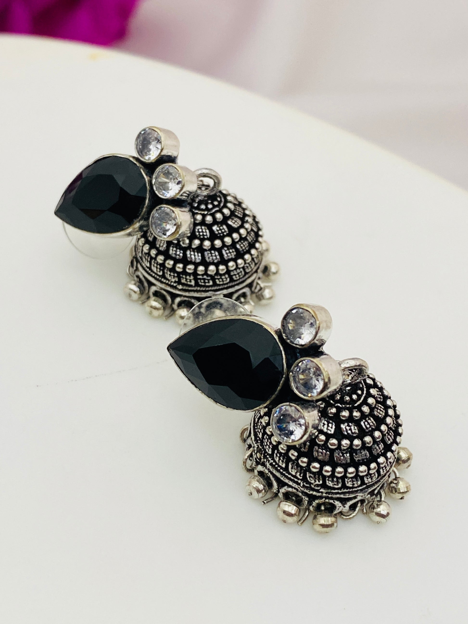 German Silver Plated Jhumka Earrings With Black Pearl Drops in Seligman