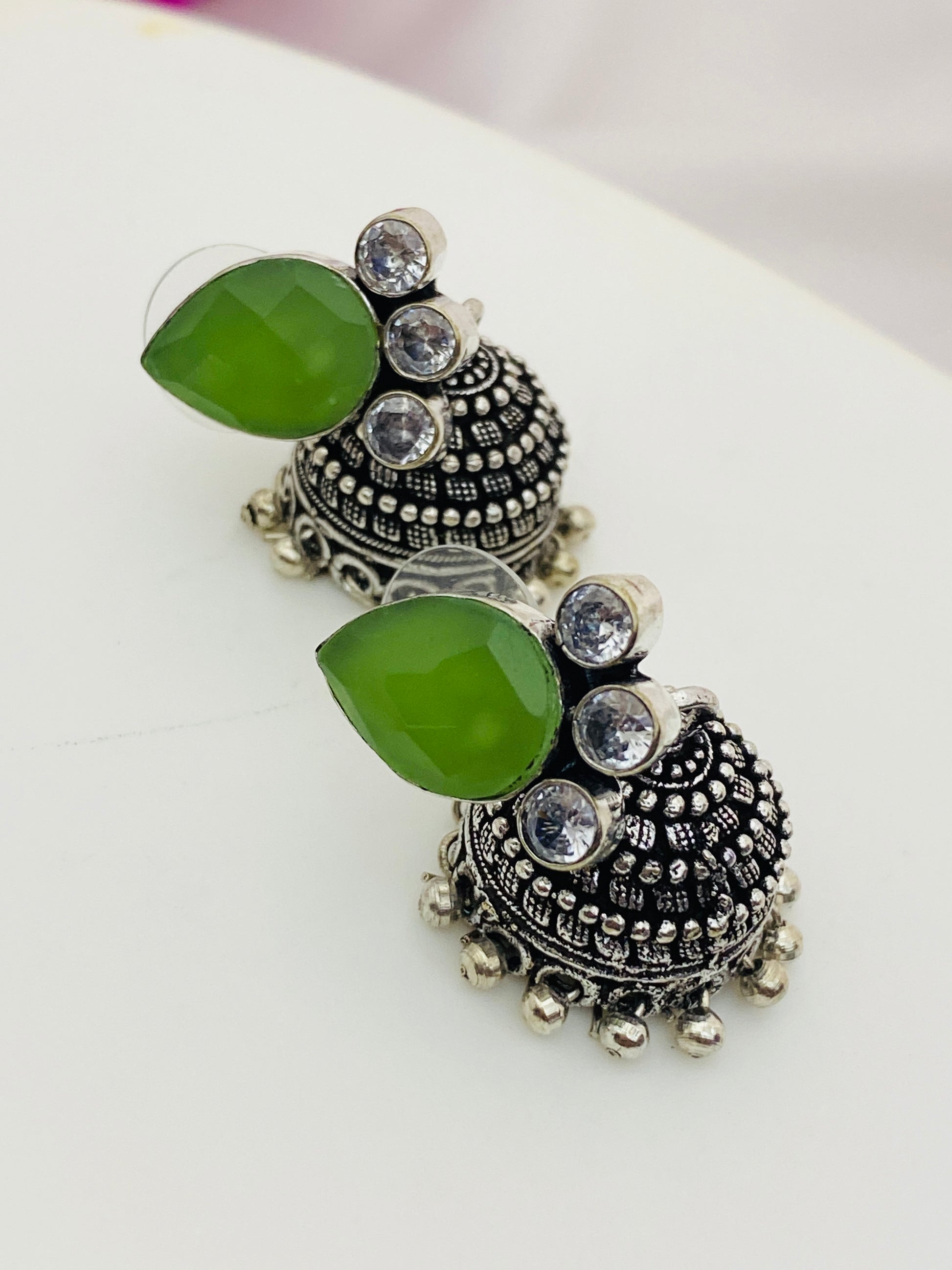 Silver Toned Designer Jhumka Earrings With Black Pearl Drops in Glendale