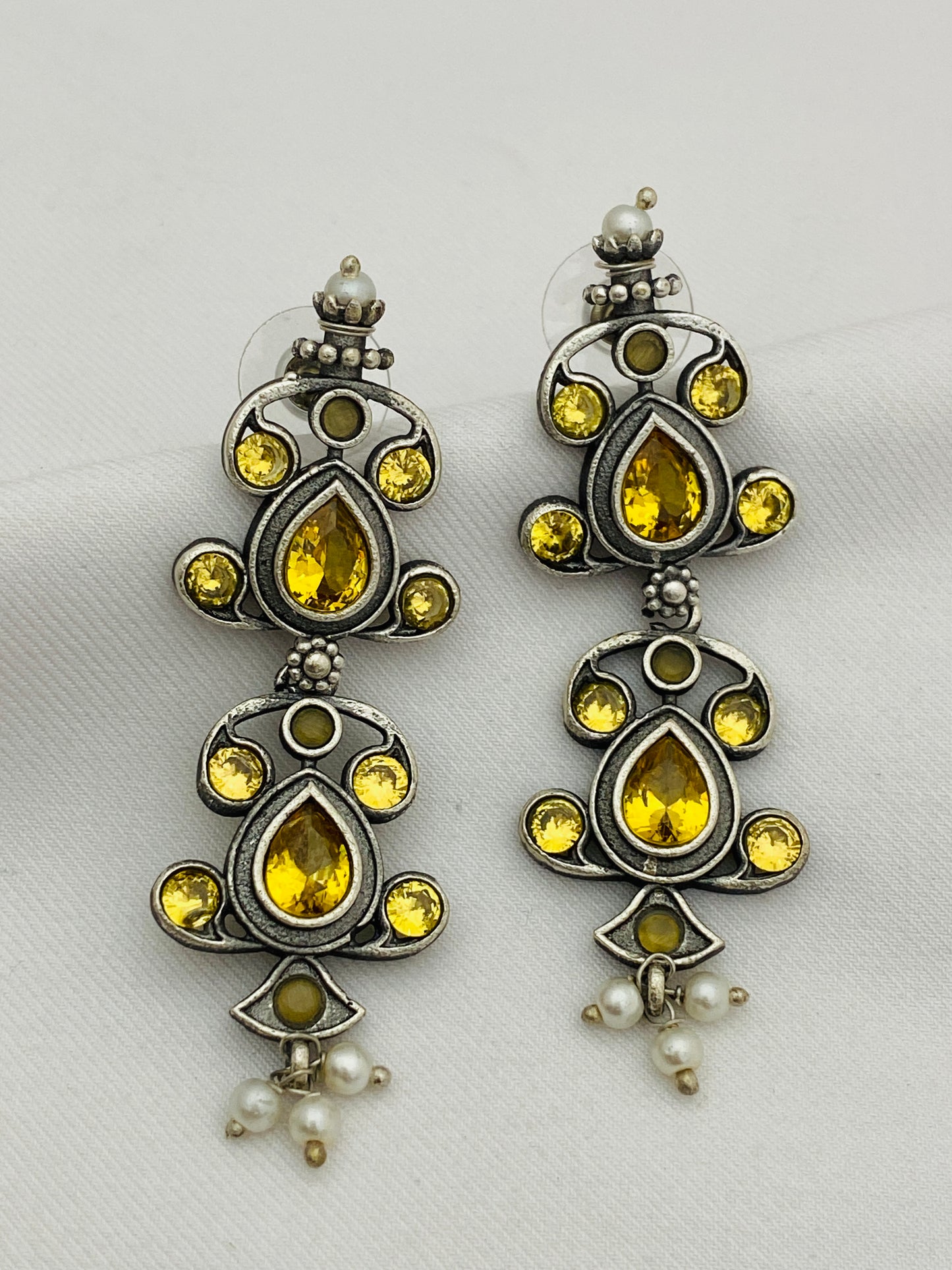 Appealing Yellow Color Oxidized Designer Long Earrings With Pearl Beads