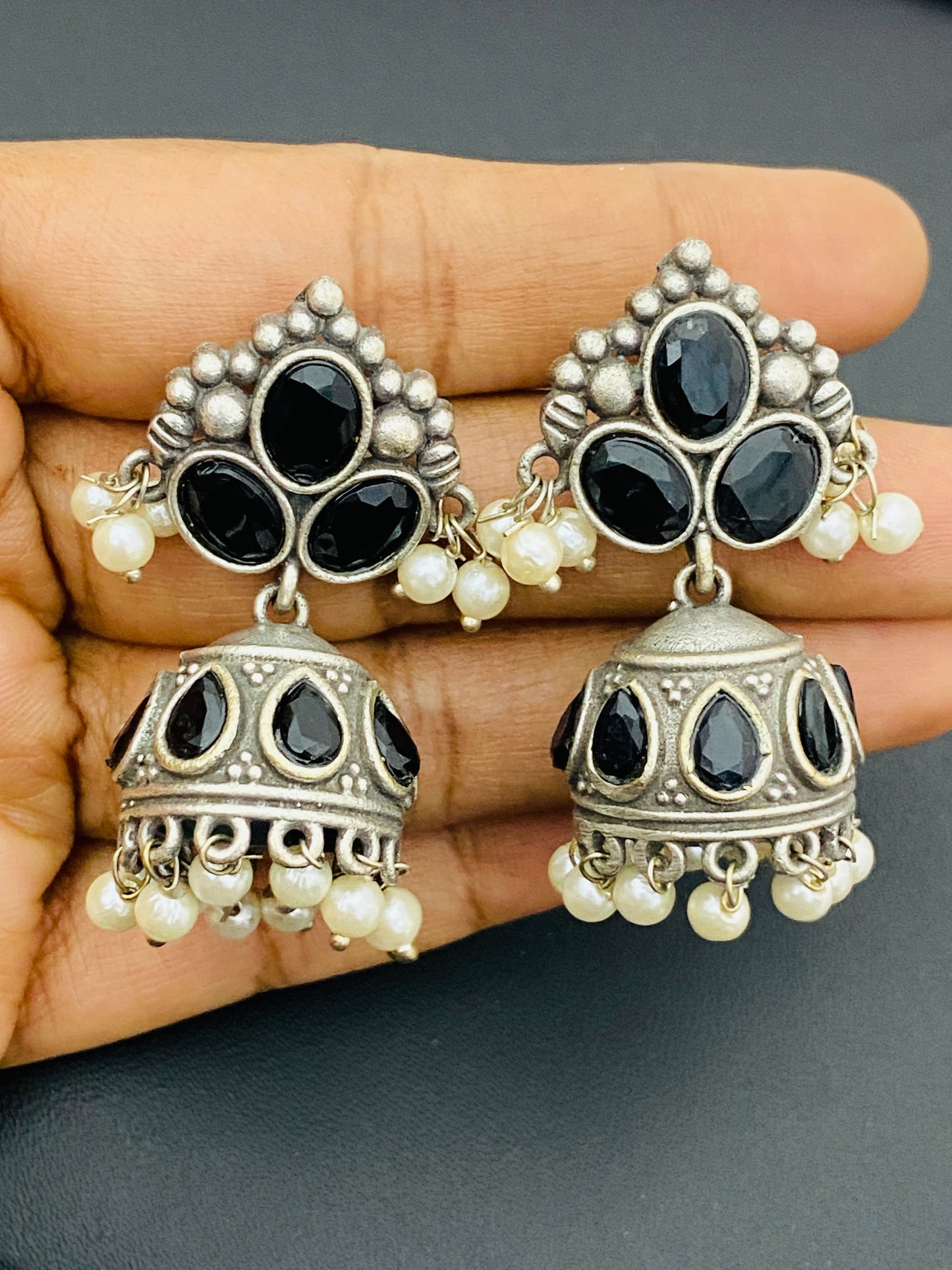 Alluring Black And Silver Oxidized Jhumkas