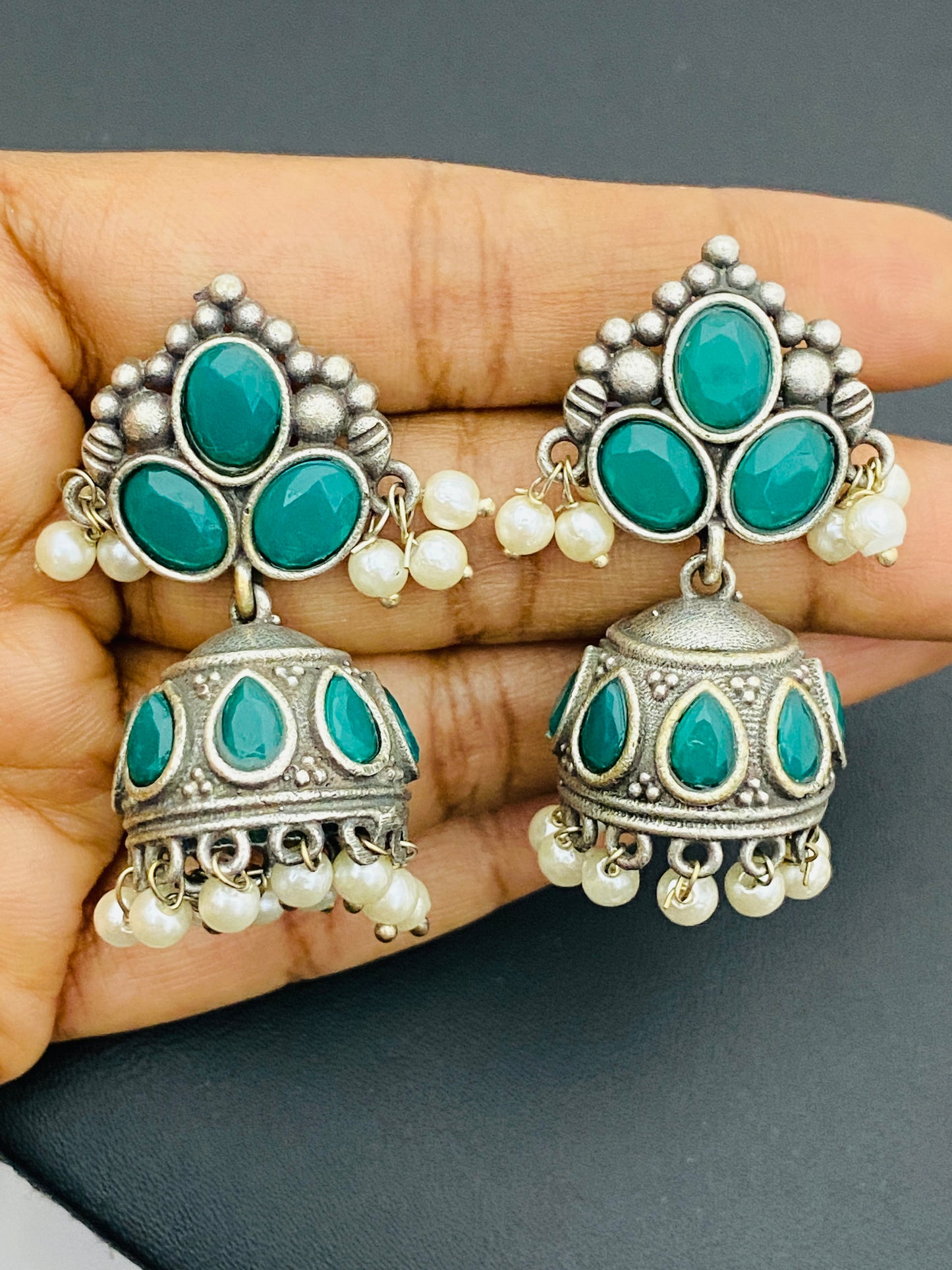 Beautiful Blue Color Silver Oxidized Jhumkha Earrings Set