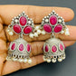 Beautiful Red Color Stoned Silver Oxidized Jhumkas For Women