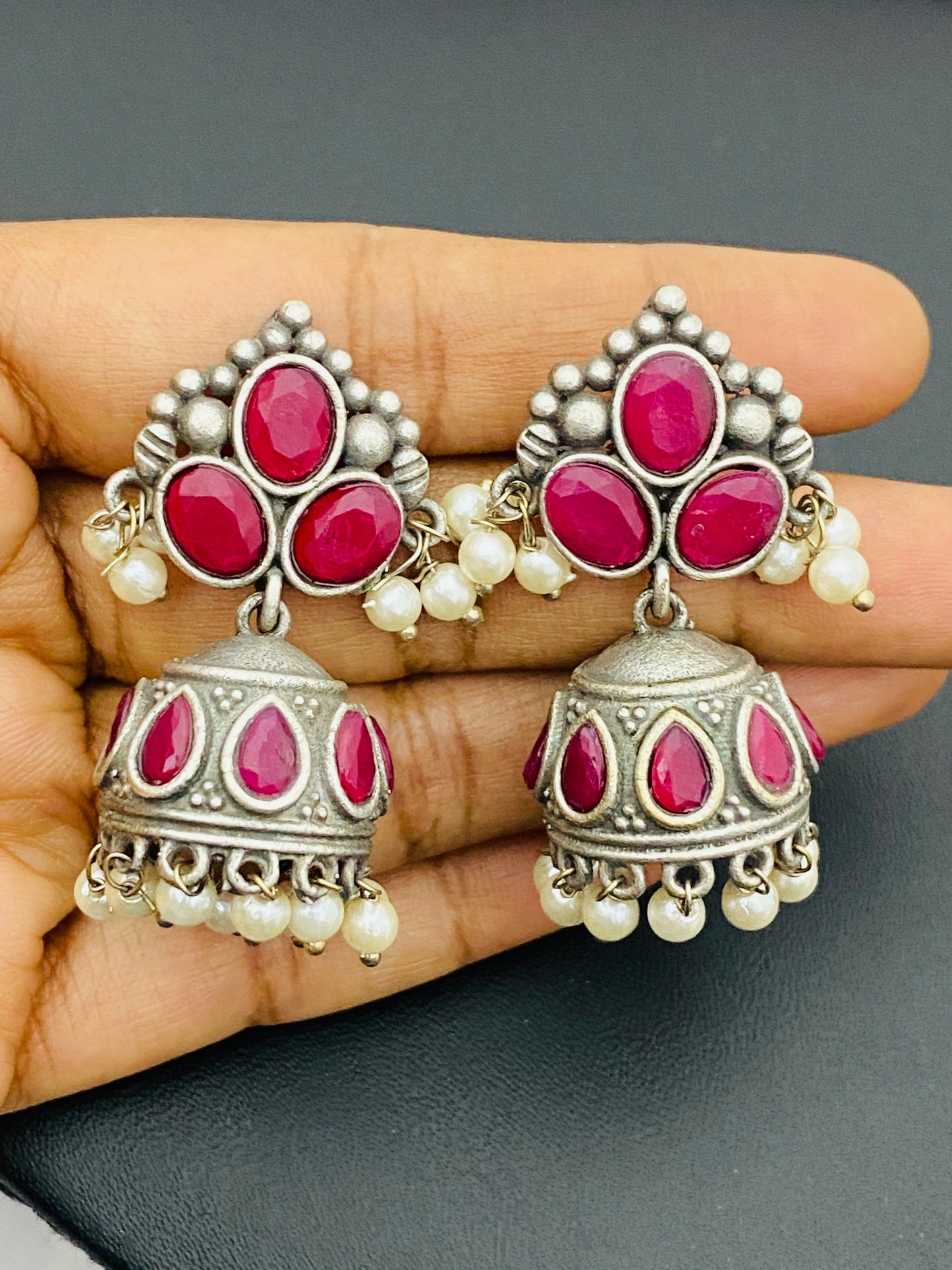 Beautiful Red Color Stoned Silver Oxidized Jhumkas For Women