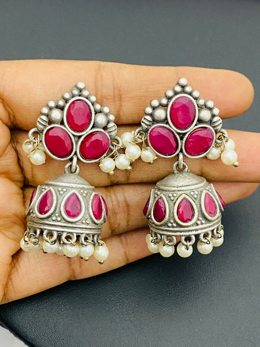 Beautiful Red Color Stoned Silver Oxidized Jhumkas For Women