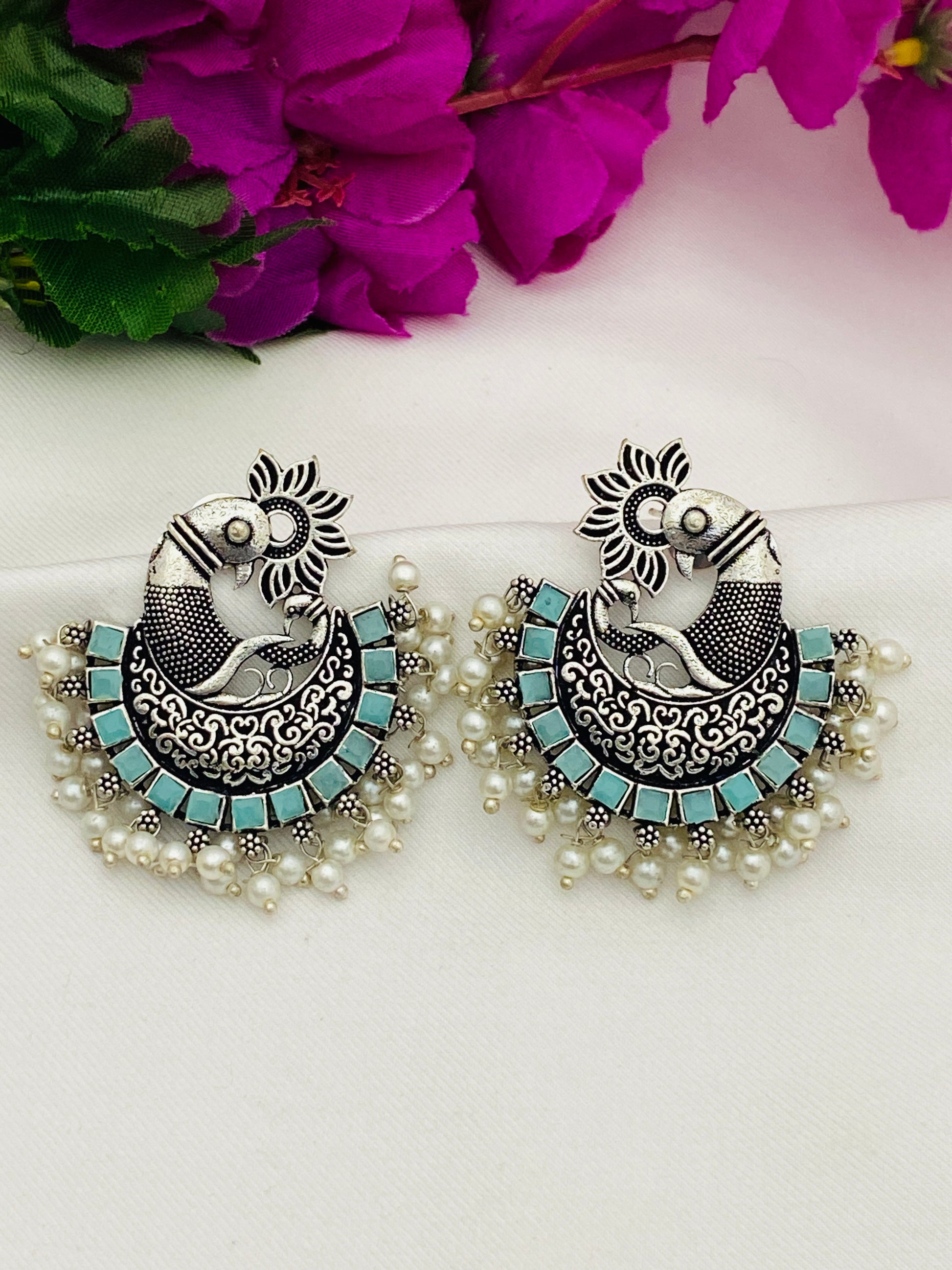 Silver Toned Oxidized Earrings With Pearl Drops in USA