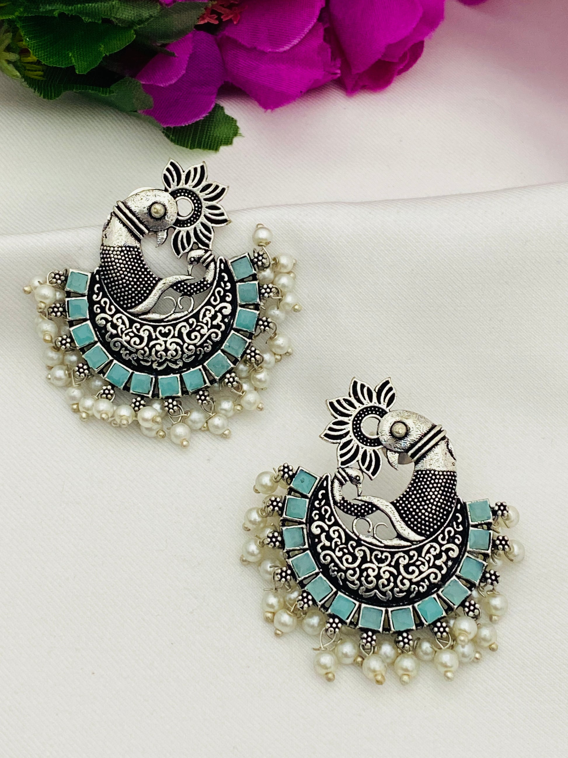  Peacock Designed Silver Toned Oxidized Earrings in Apache Junction