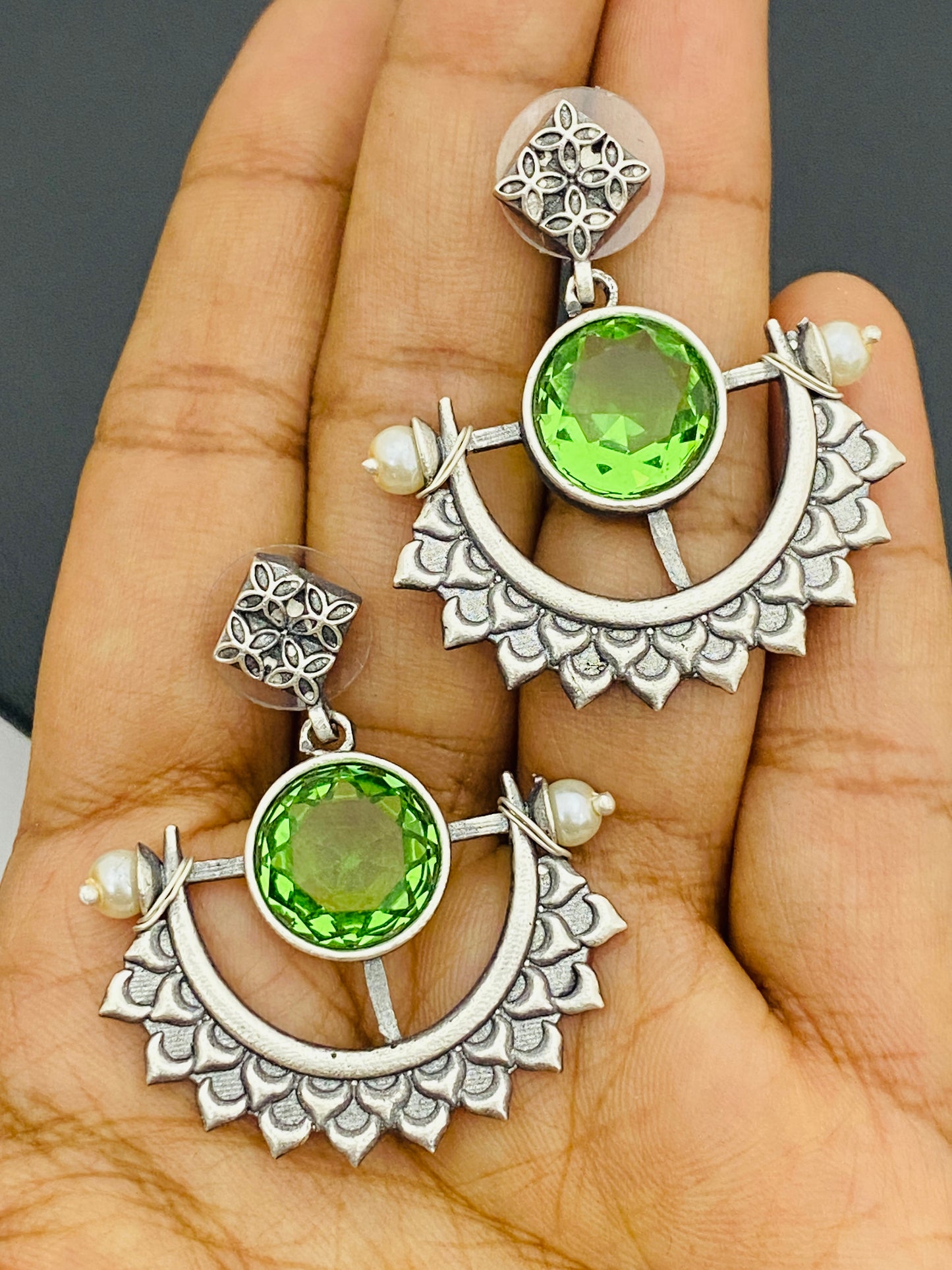 Light Green Stone Studded Half Moon Designed Silver Plated Oxidized Earrings Near Me