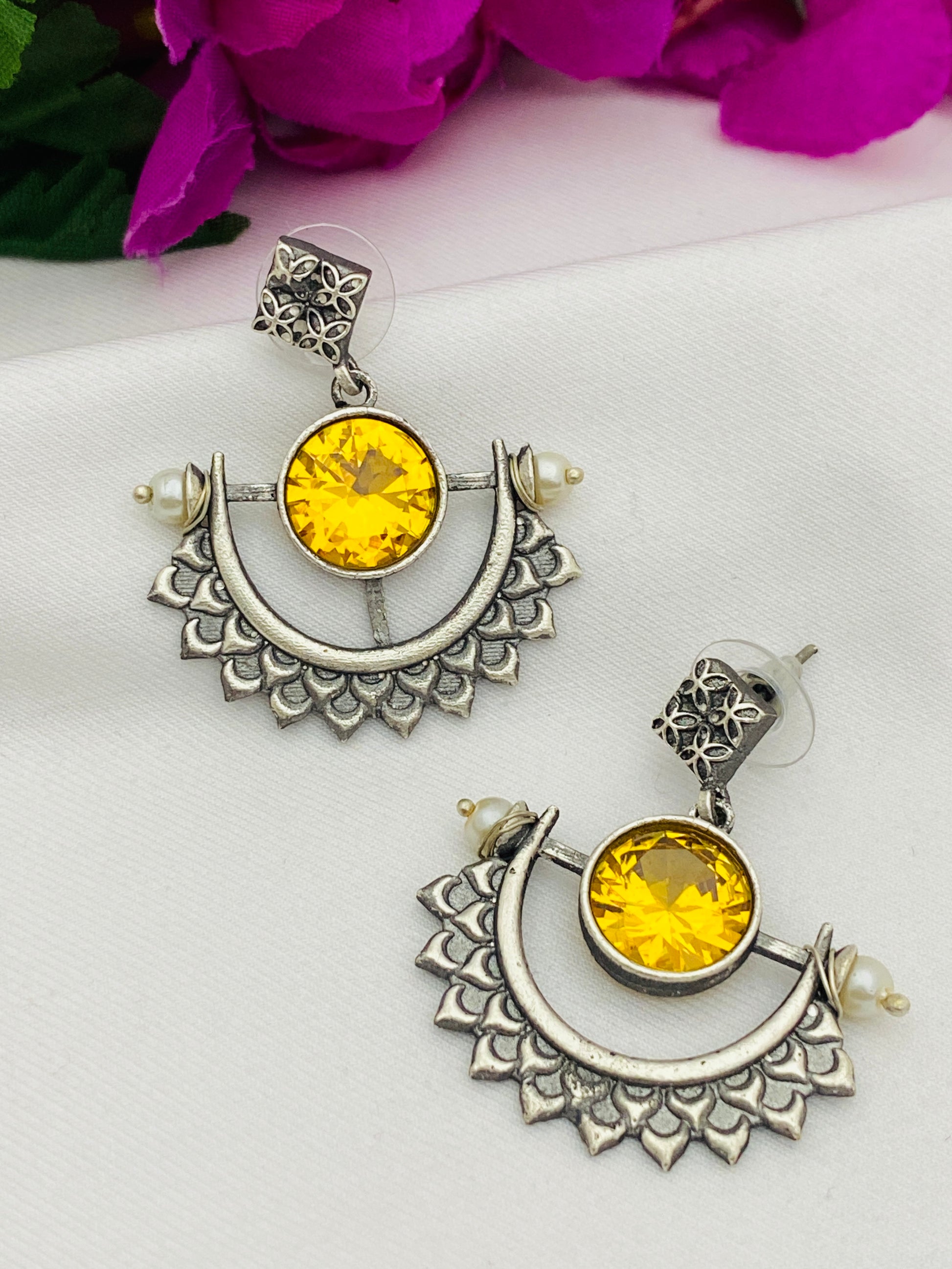 Gorgeous Yellow Color Designer Silver Oxidized Earrings For Women In USA
