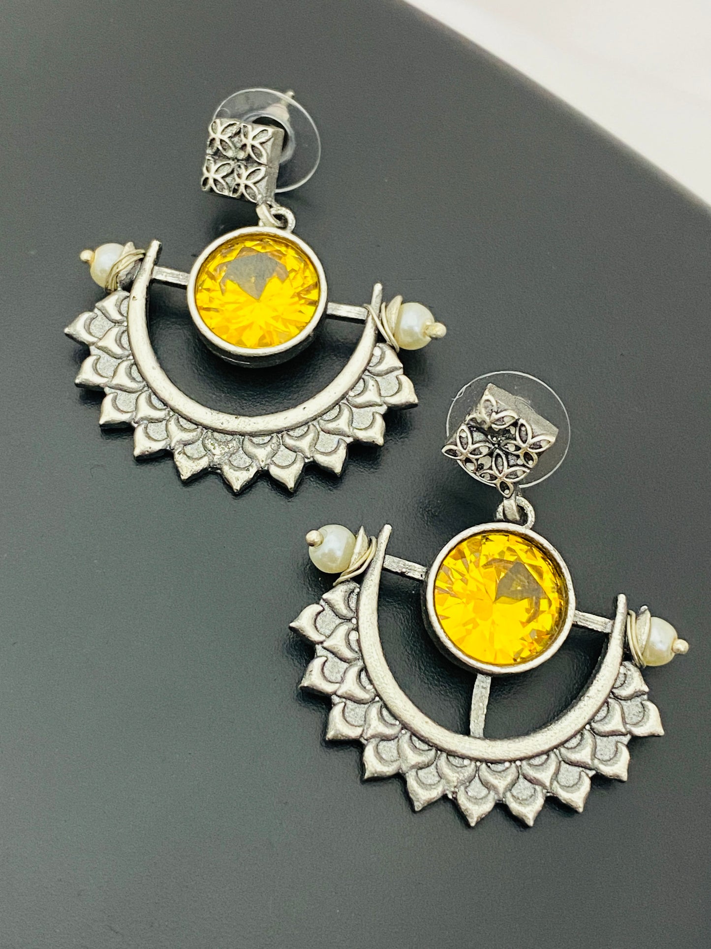 Gorgeous Yellow Color Designer Silver Oxidized Earrings For Women In Tempe