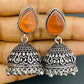 Orange Stone Beaded Silver Toned Designer Oxidized Jhumka Earrings Near Me
