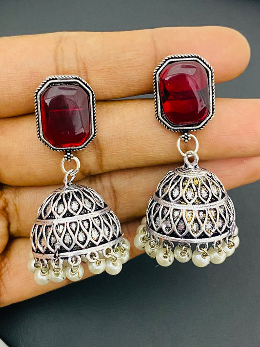 Beautiful Maroon Color Small Oxidized Earrings For Women