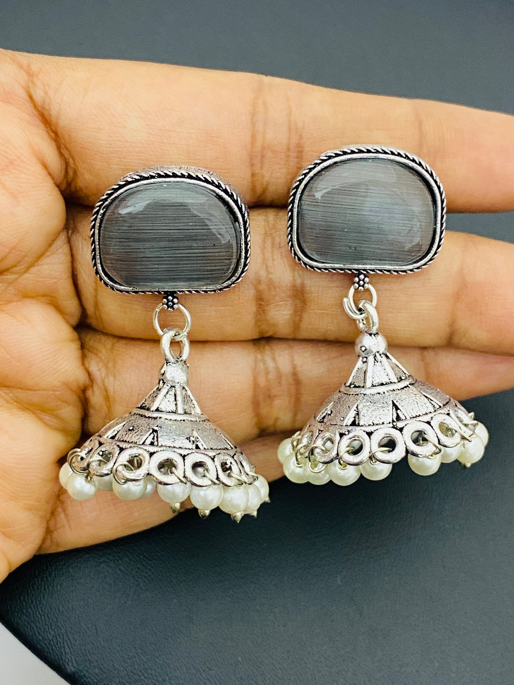 Grey Color Stone Studded German Silver Plated Oxidized Jhumka Earrings Near Me