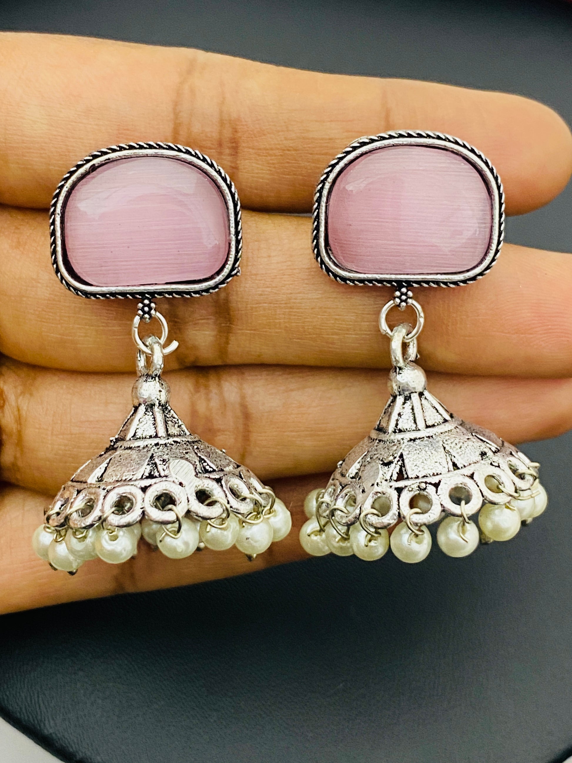 Onion Pink Stone Beaded Silver Plated Designer Oxidized Jhumka Earrings Near Me