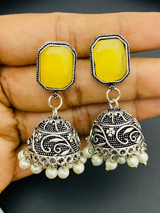 Attractive Yellow Color Designer Silver Oxidized Jhumkha Earrings For Women