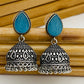 Charming Blue Color Designer Silver Plated Oxidized Jhumkas With Pearl Hangings