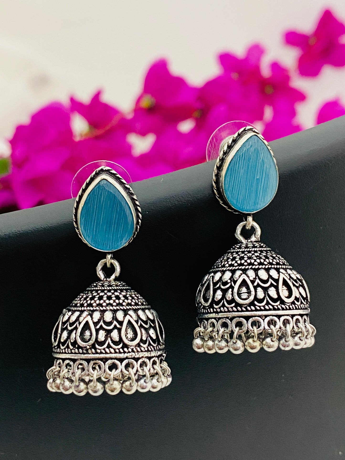 Charming Blue Color Silver Plated Oxidized Jhumkas Near Me