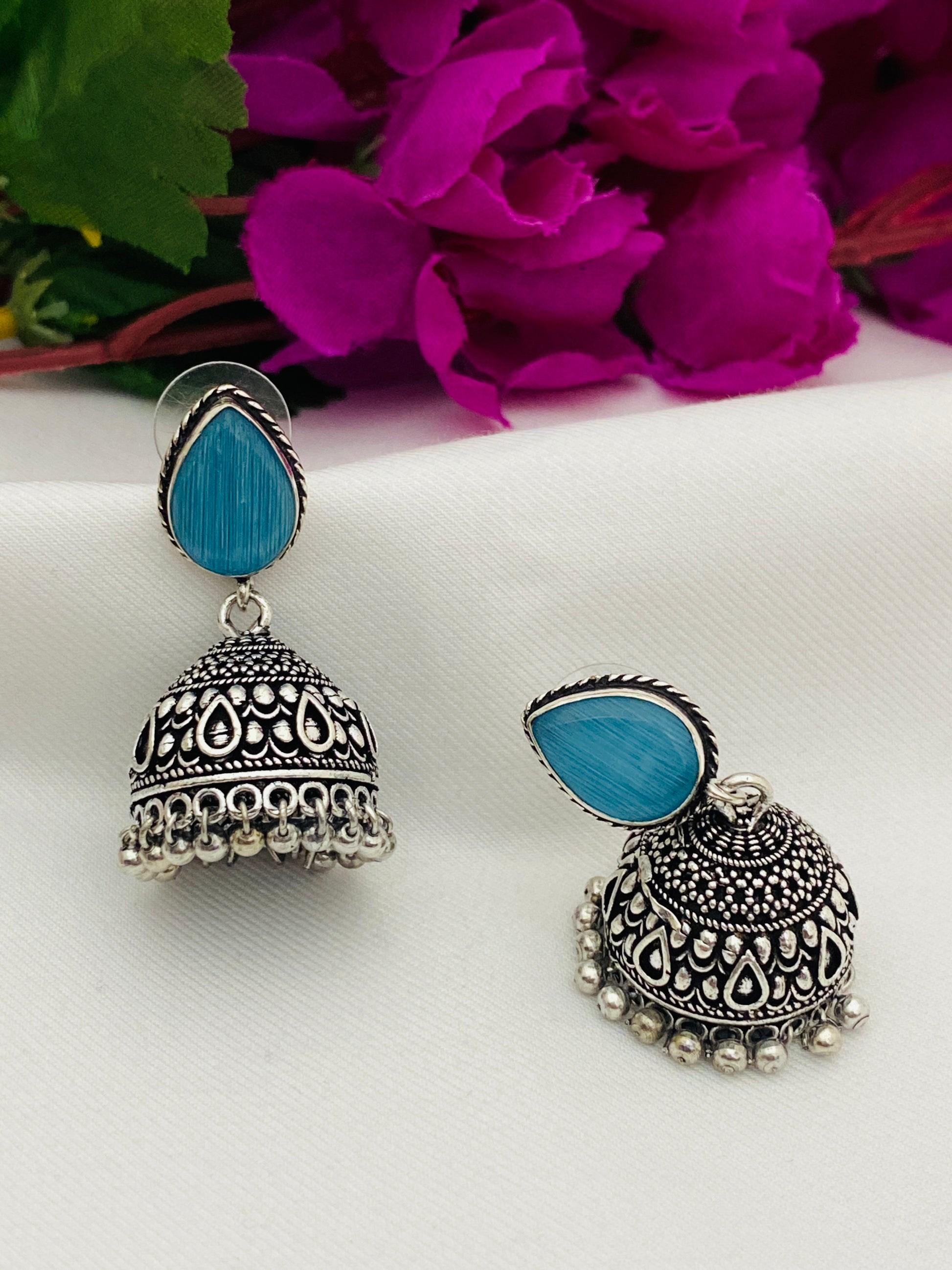 Charming Blue Color Silver Plated Oxidized Jhumkas In USA