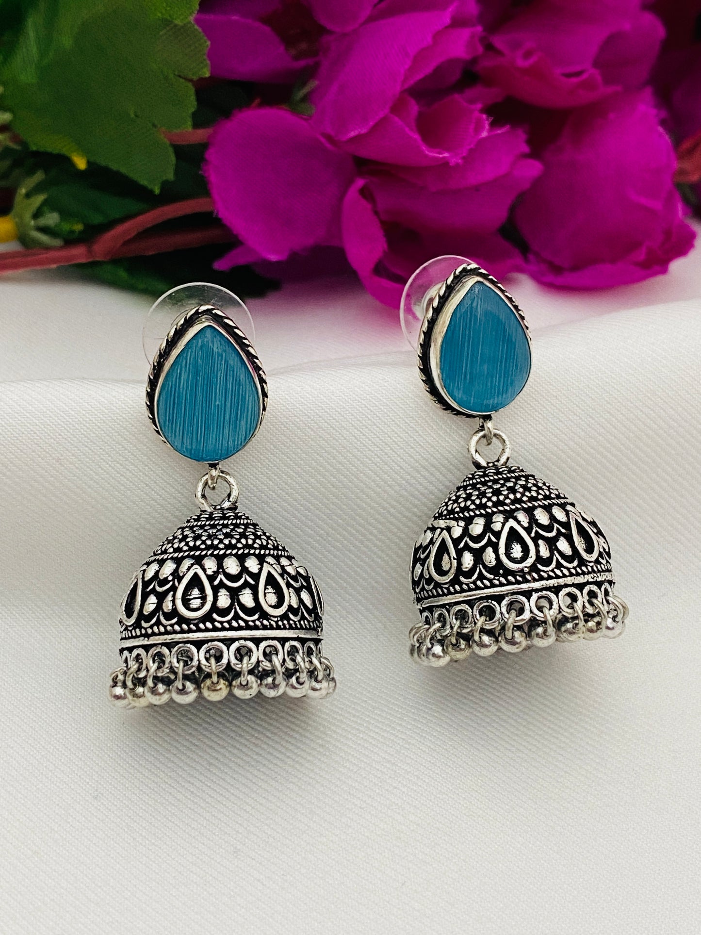 Charming Blue Color Silver Plated Oxidized Jhumkas In Gilbert