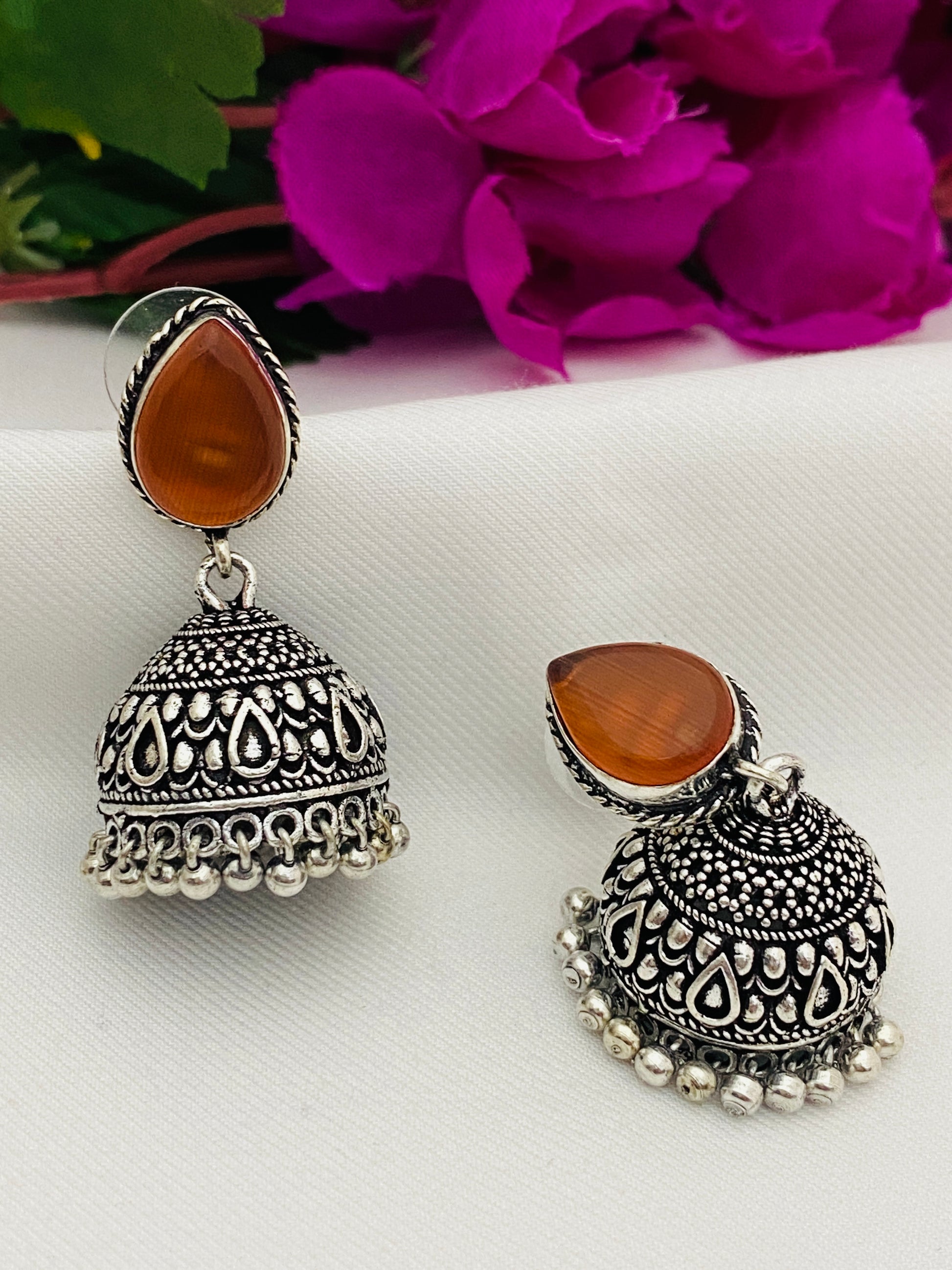 Silver Toned Designer Oxidized Jhumka Earrings With Black Pearl Beads in Chandler