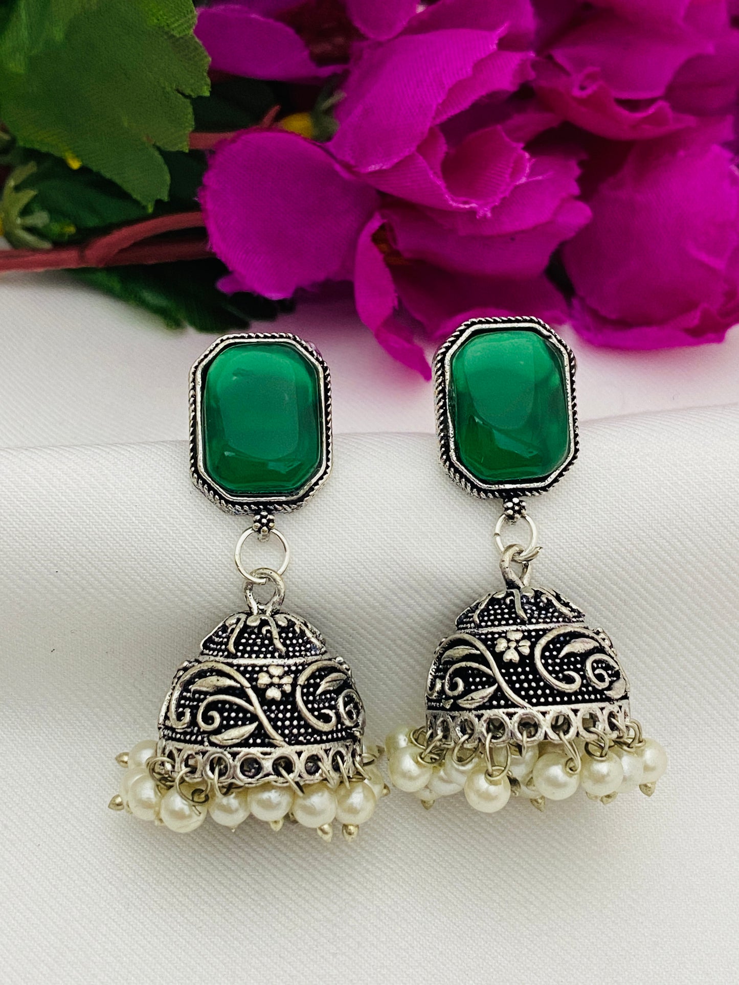 Alluring Green Color Stoned Oxidized Earrings For Women