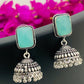 Alluring Blue Color Designer Silver Plated Oxidized Jhumkas With Pearl Hangings
