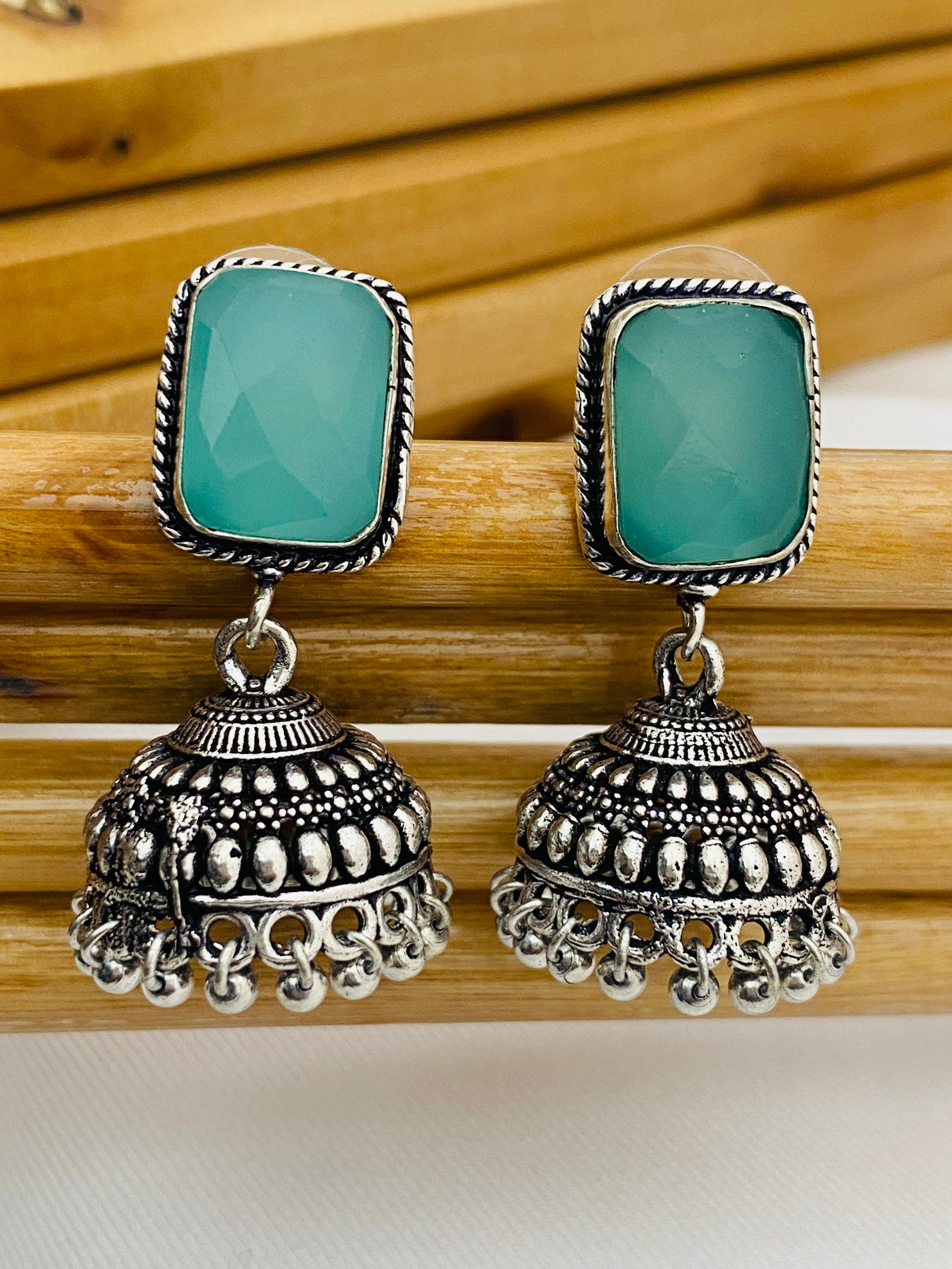 Alluring Blue Color Silver Plated Oxidized Jhumkas In USA