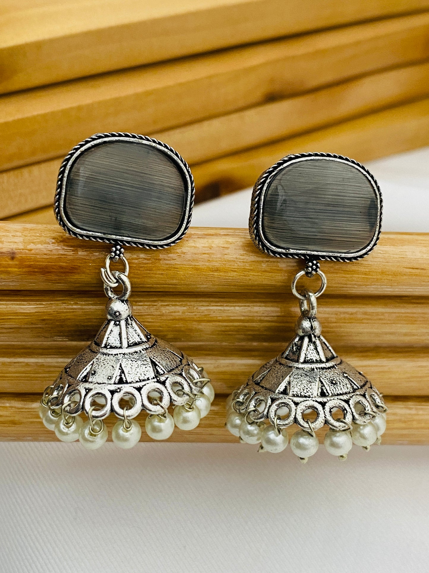 Silver Plated Oxidized Jhumka Earrings With Pearl Drops in Tempe