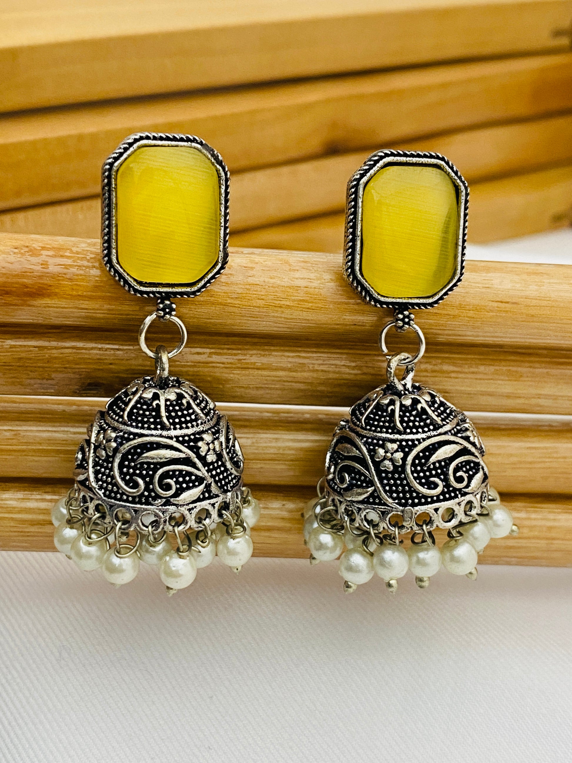 Attractive Yellow Color Designer Silver Oxidized Jhumkha Earrings For Women Near Me