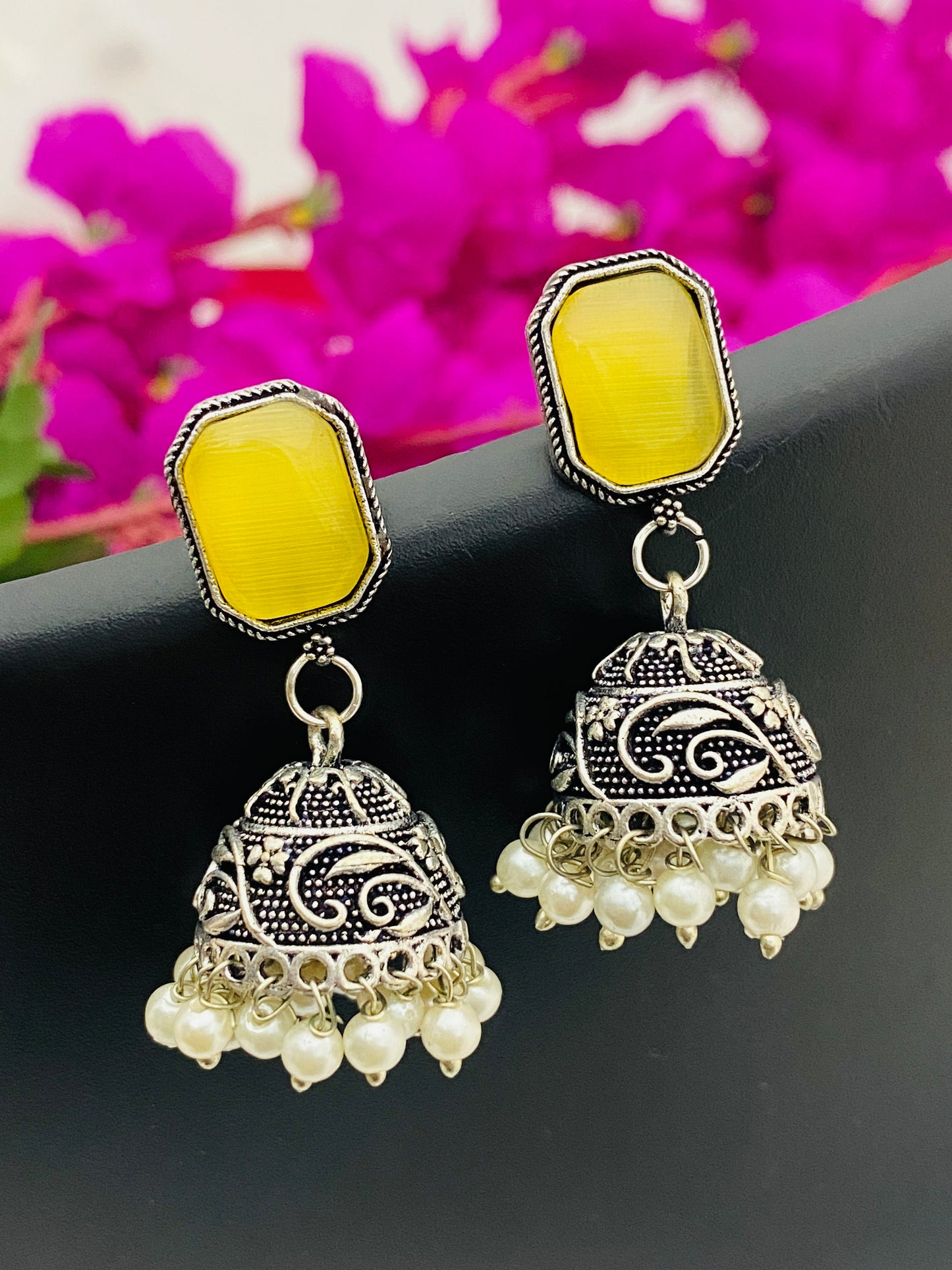 Attractive Yellow Color Designer Silver Oxidized Jhumkha Earrings For Women In Chandler