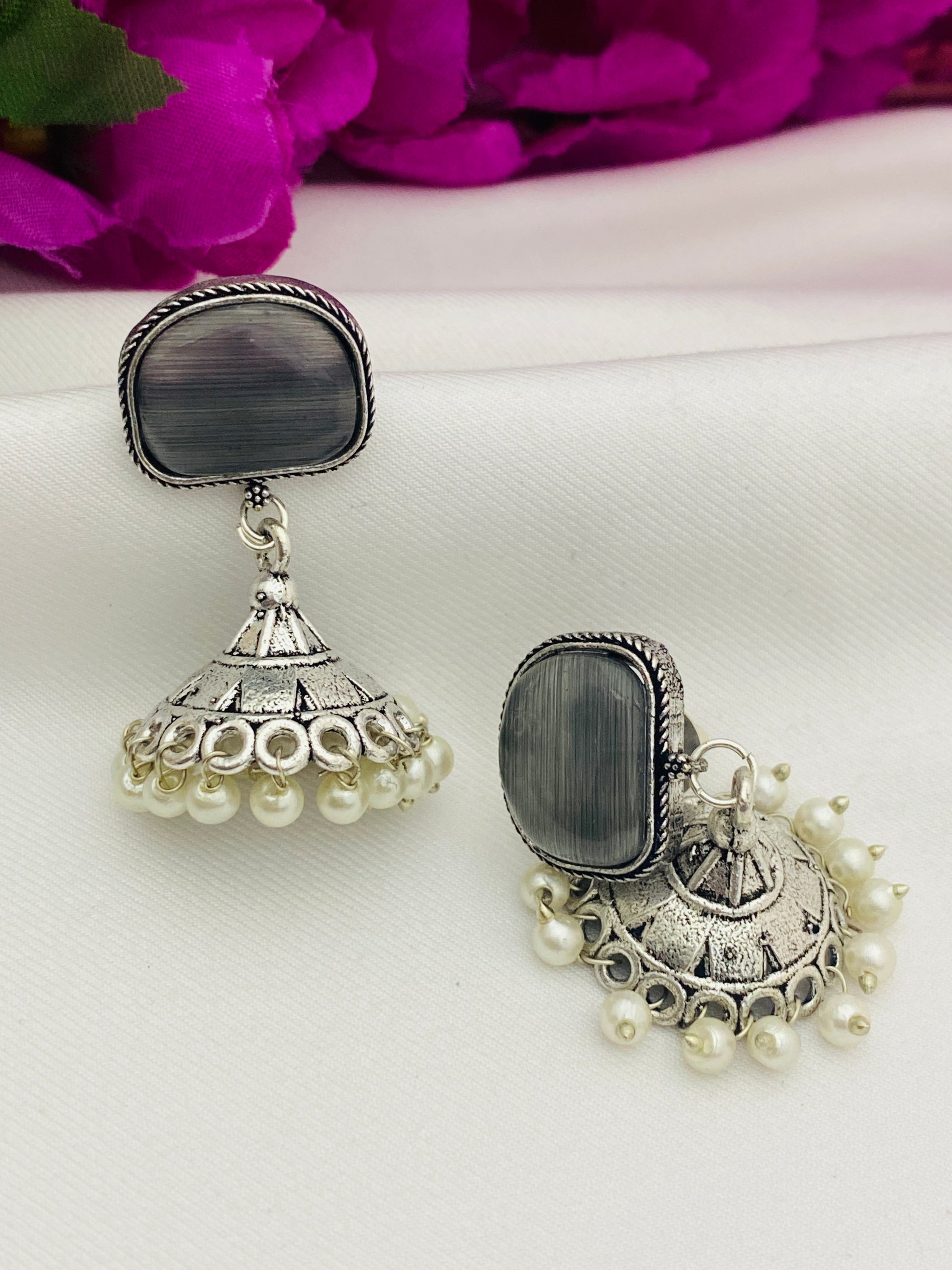 Grey Color Stone Studded German Silver Plated Oxidized Jhumka Earrings in USA