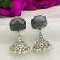 Lovely Grey Color Stone Studded German Silver Plated Oxidized Jhumka Earrings With Pearl Drops