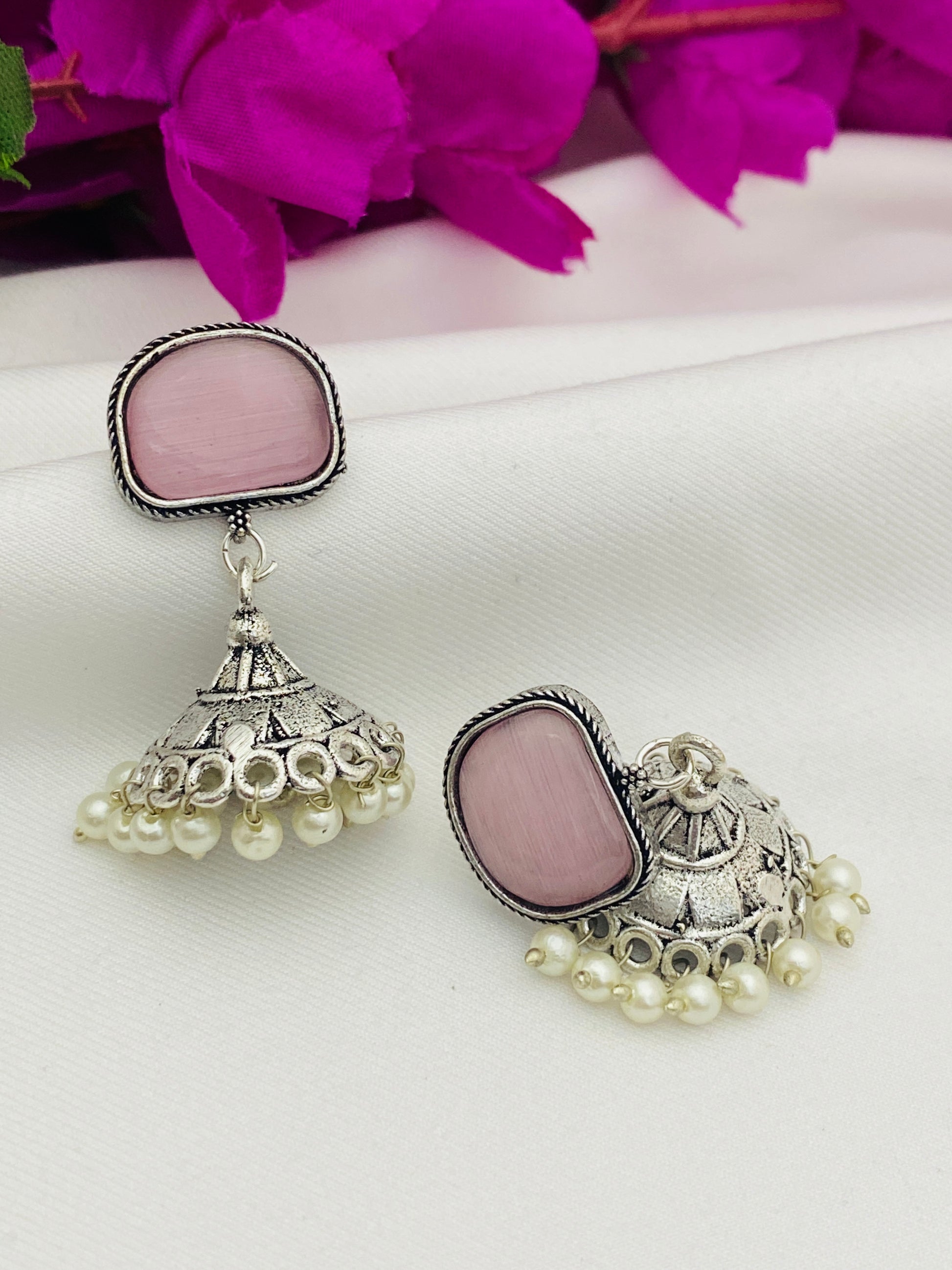 Silver Plated Designer Oxidized Jhumka Earrings With Pearl Drops in Paradise Valley