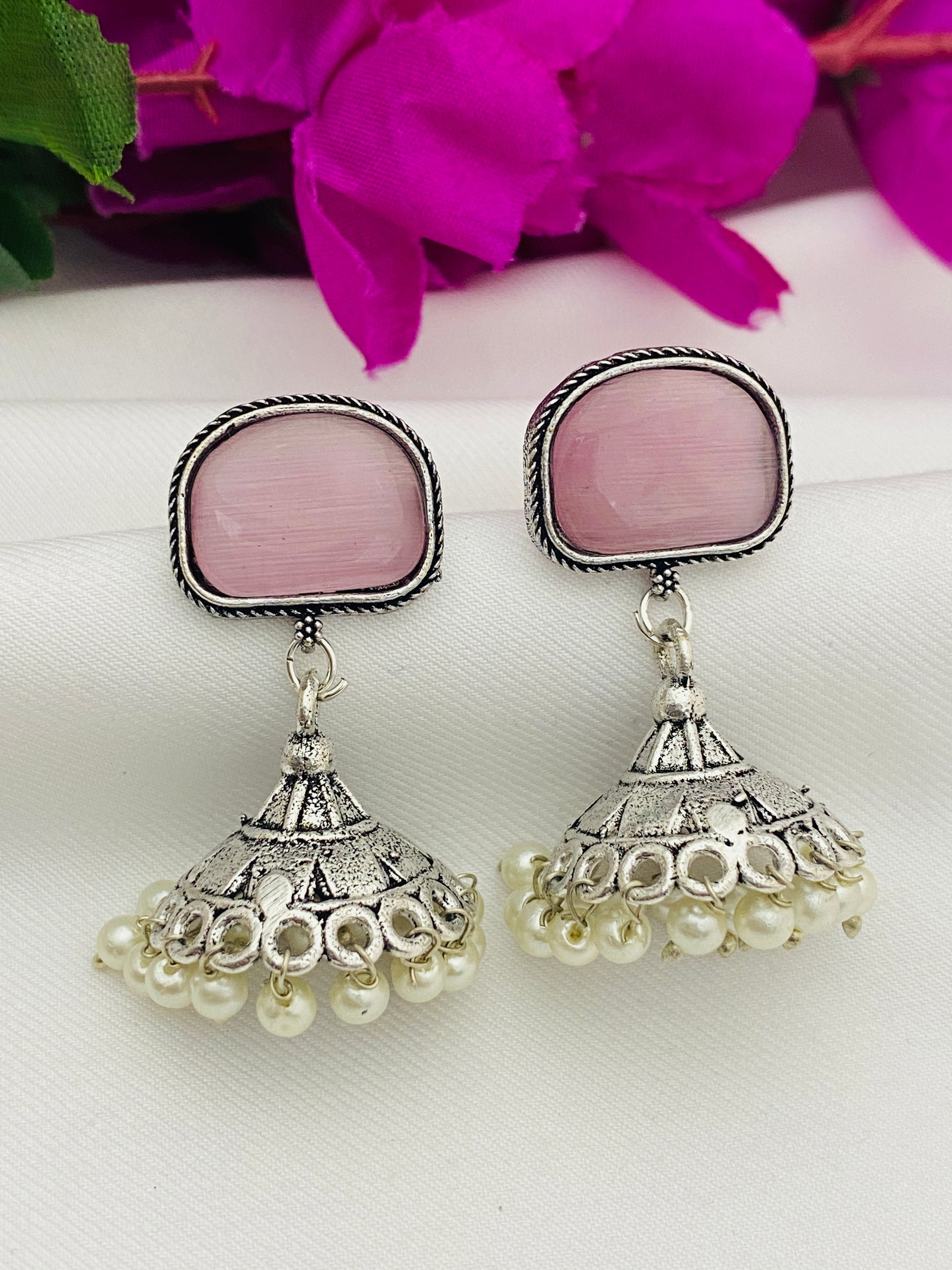 Beautiful Onion Pink Stone Beaded Silver Plated Designer Oxidized Jhumka Earrings With Pearl Drops