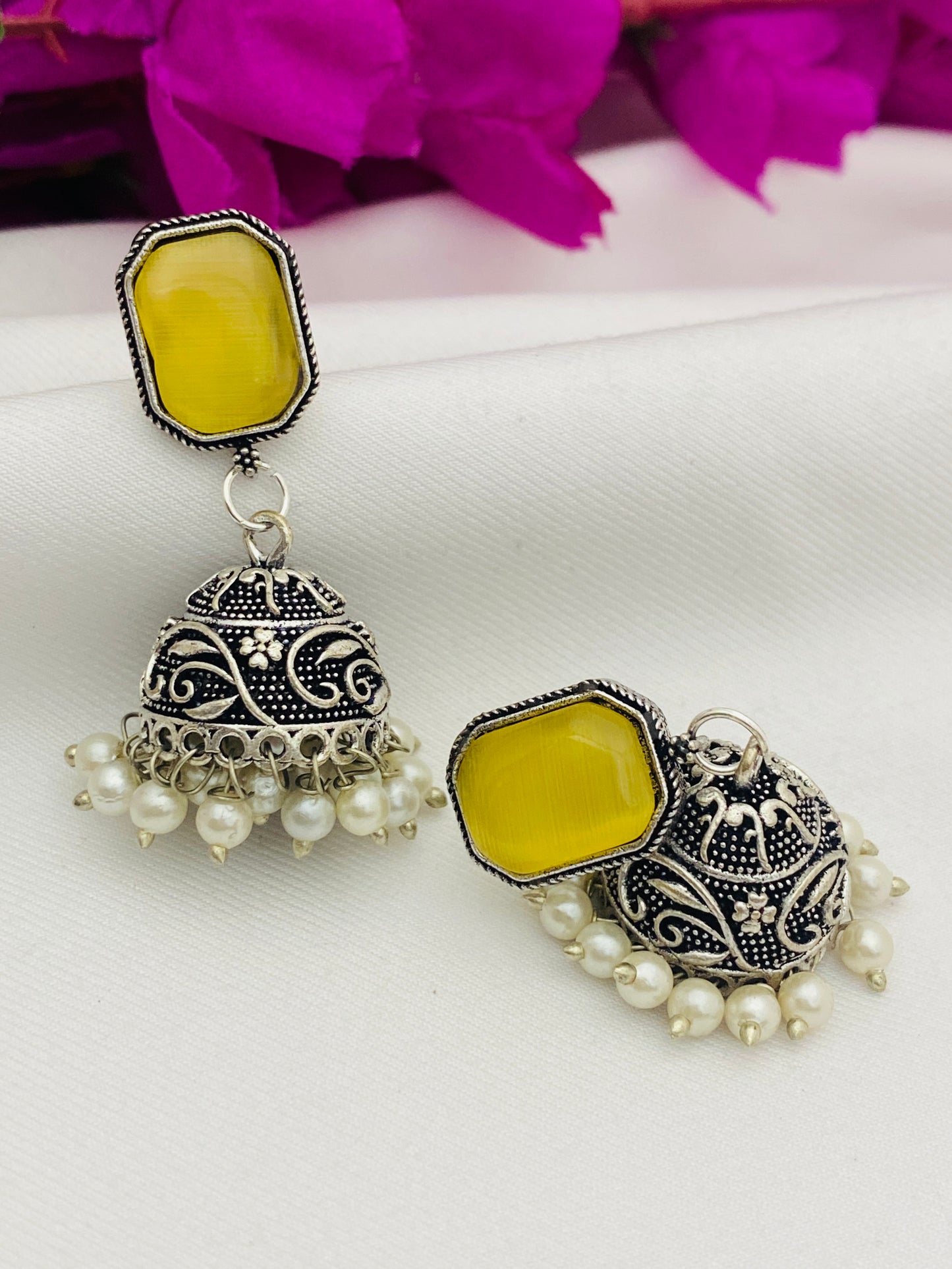 Attractive Yellow Color Designer Silver Oxidized Jhumkha Earrings For Women In USA