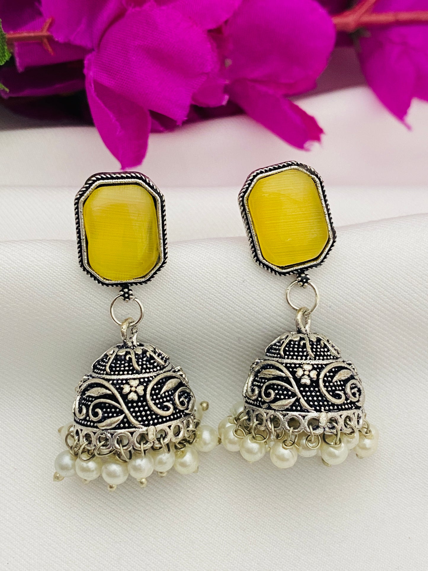 Attractive Yellow Color Designer Silver Oxidized Jhumkha Earrings For Women In Tempe