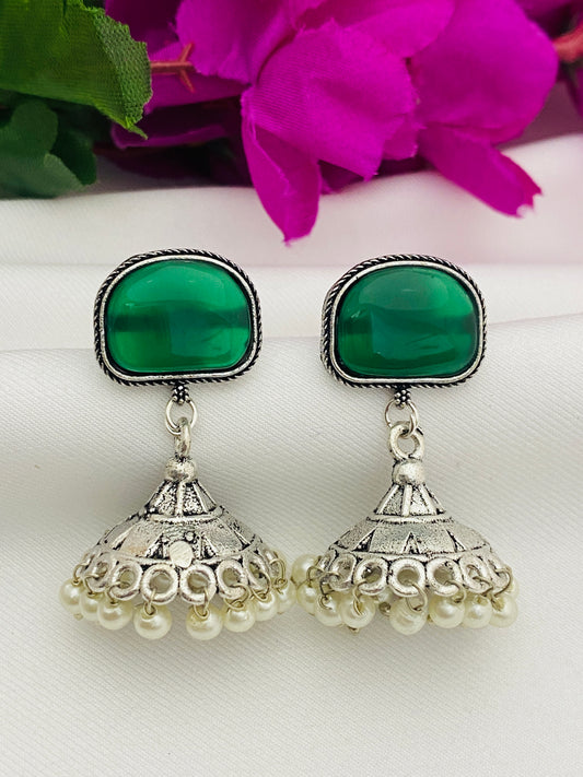 Traditional Emerald Stone Beaded German Silver Plated Oxidized Jhumka Earrings With Pearl Beads