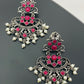 Gorgeous Ruby Stone Beaded German Silver Plated Designer Oxidized Earrings With Pearl Drops
