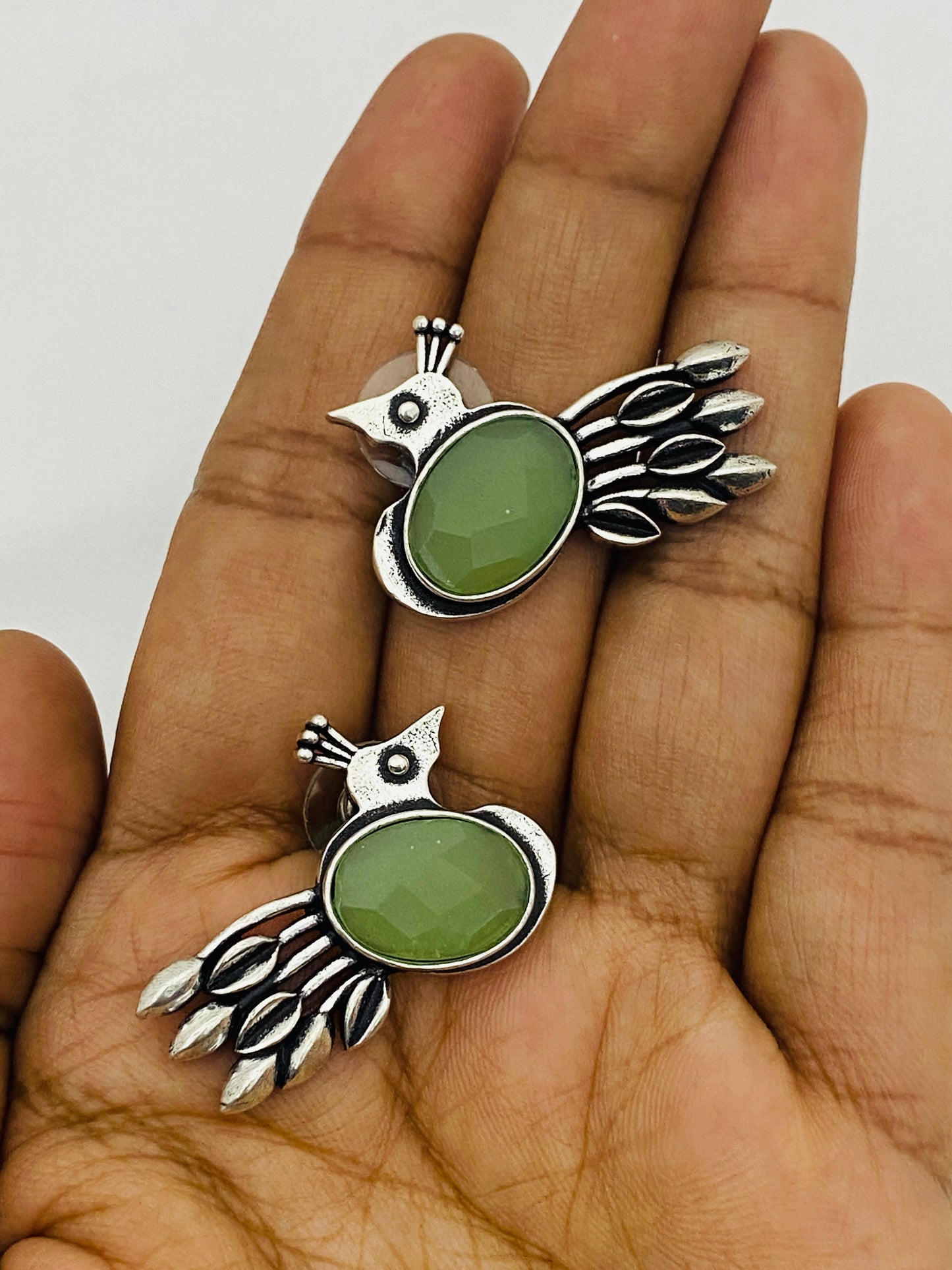 Light Green Stoned Silver Replica Oxidized Peacock Designer Stud Earrings Near Me