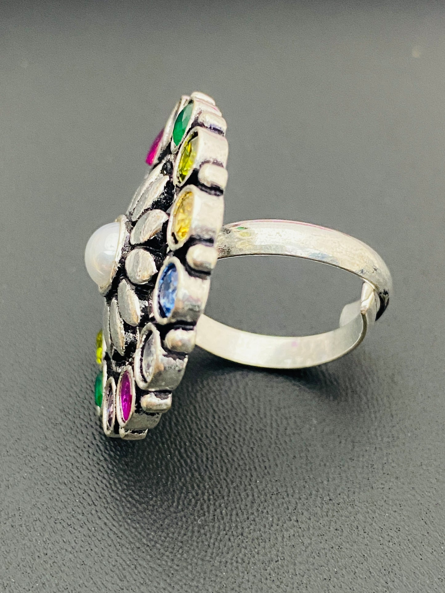 Stunning Multi Color Stone Studded Silver Toned Designer Oxidized Adjustable Finger Ring