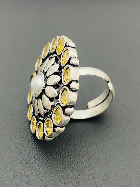 Attractive Yellow Stone Beaded Floral Designed Oxidized Pearl Finger ring