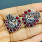  Red Stone Studded Peacock Designed Silver Toned Oxidized Stud Earrings Near Me