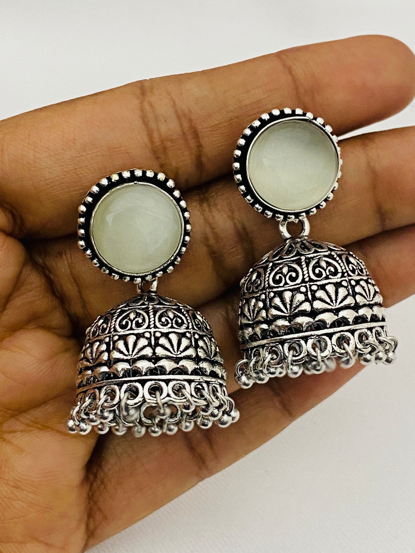 Stone Beaded Silver Toned Oxidized Jhumka Earrings Near Me