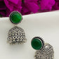 Elegant Emerald Stone Studded Silver Toned Oxidized Jhumka Earrings in USA