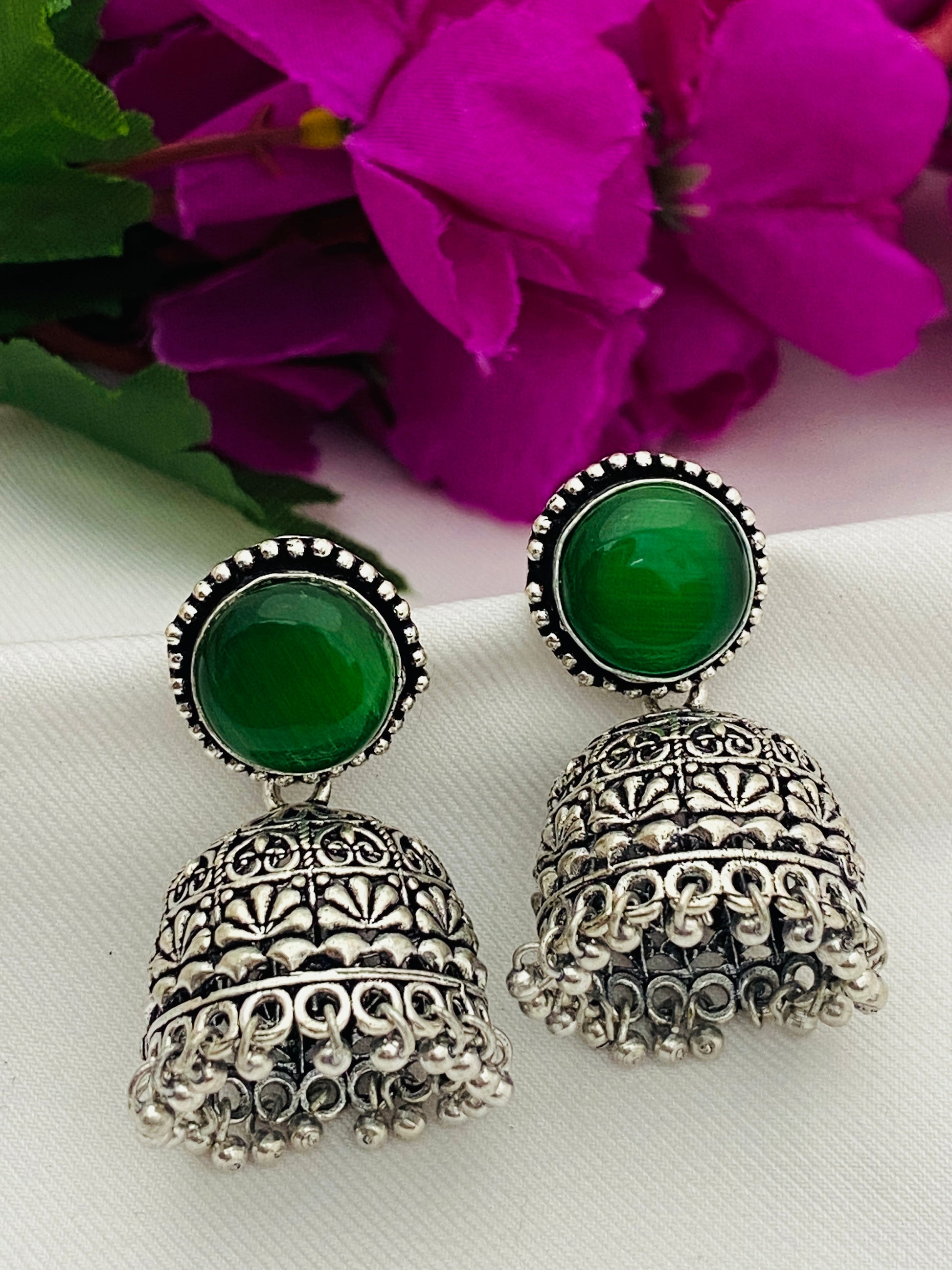 Silver Toned Oxidized Jhumka Earrings With Black Pearl Beads in Tempe