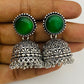 Emerald Stone Studded Silver Toned Oxidized Jhumka Earrings Near Me