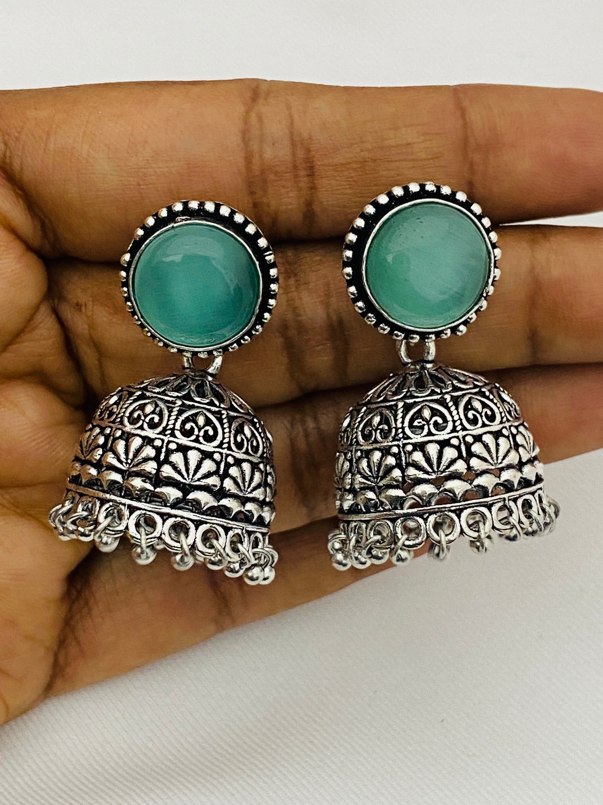  Light Blue Stone Beaded German Silver Plated Oxidized Jhumka Earrings Near Me