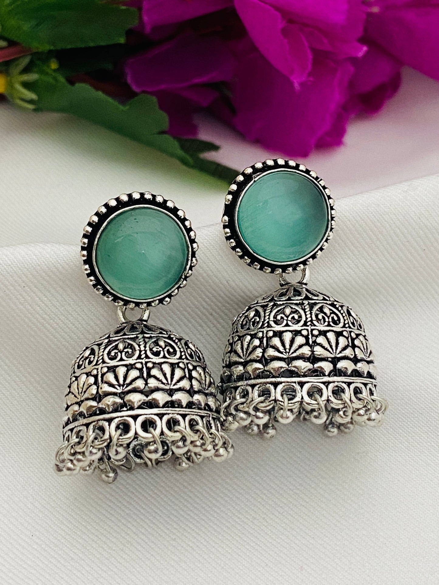 Stone Beaded German Silver Plated Oxidized Jhumka Earrings in USA
