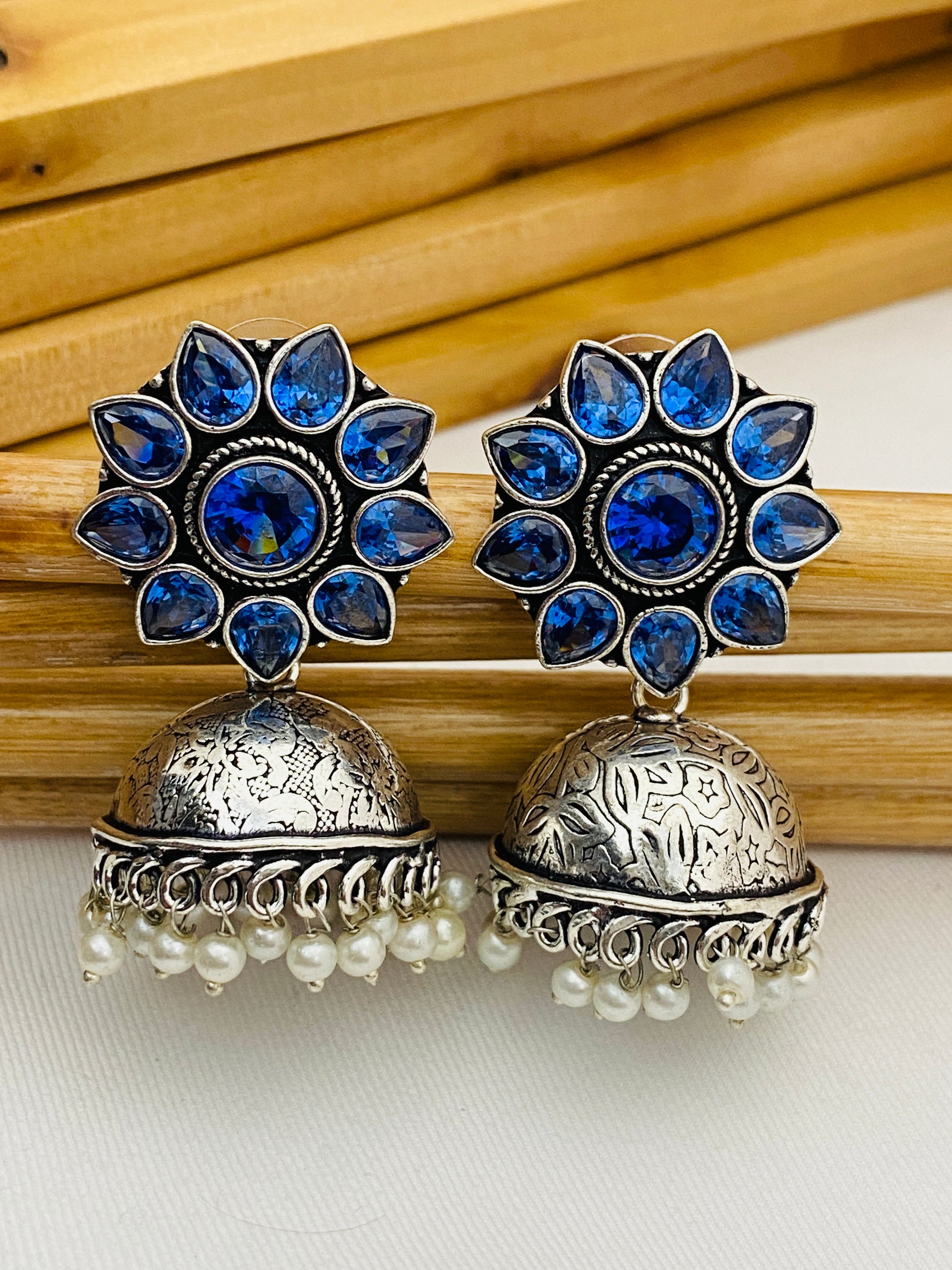 Silver Toned Oxidized Jhumka Earrings With Pearl Drops in Cochise