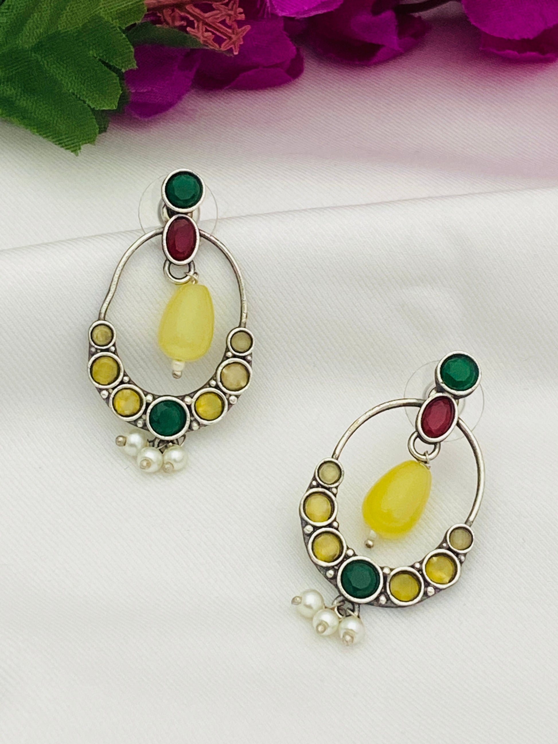  German Silver Plated Oxidized Yellow Drops Earrings With Pearl Beads in Glendale