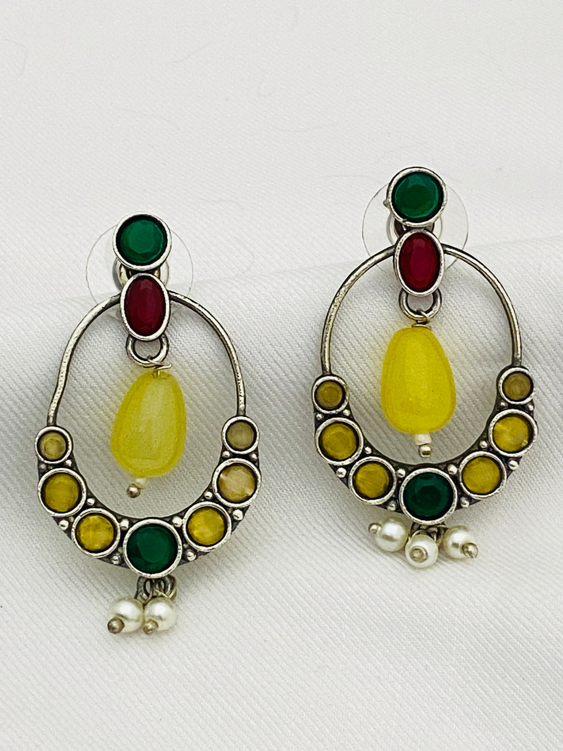 Gorgeous Oval Shaped German Silver Plated Oxidized Yellow Drops Earrings With Pearl Beads
